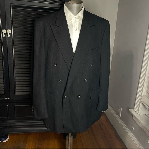 Burberry Vintage Bespoke‎ Gray Pinstripe Wool Double Breasted Peak Blazer 46R - Picture 1 of 13